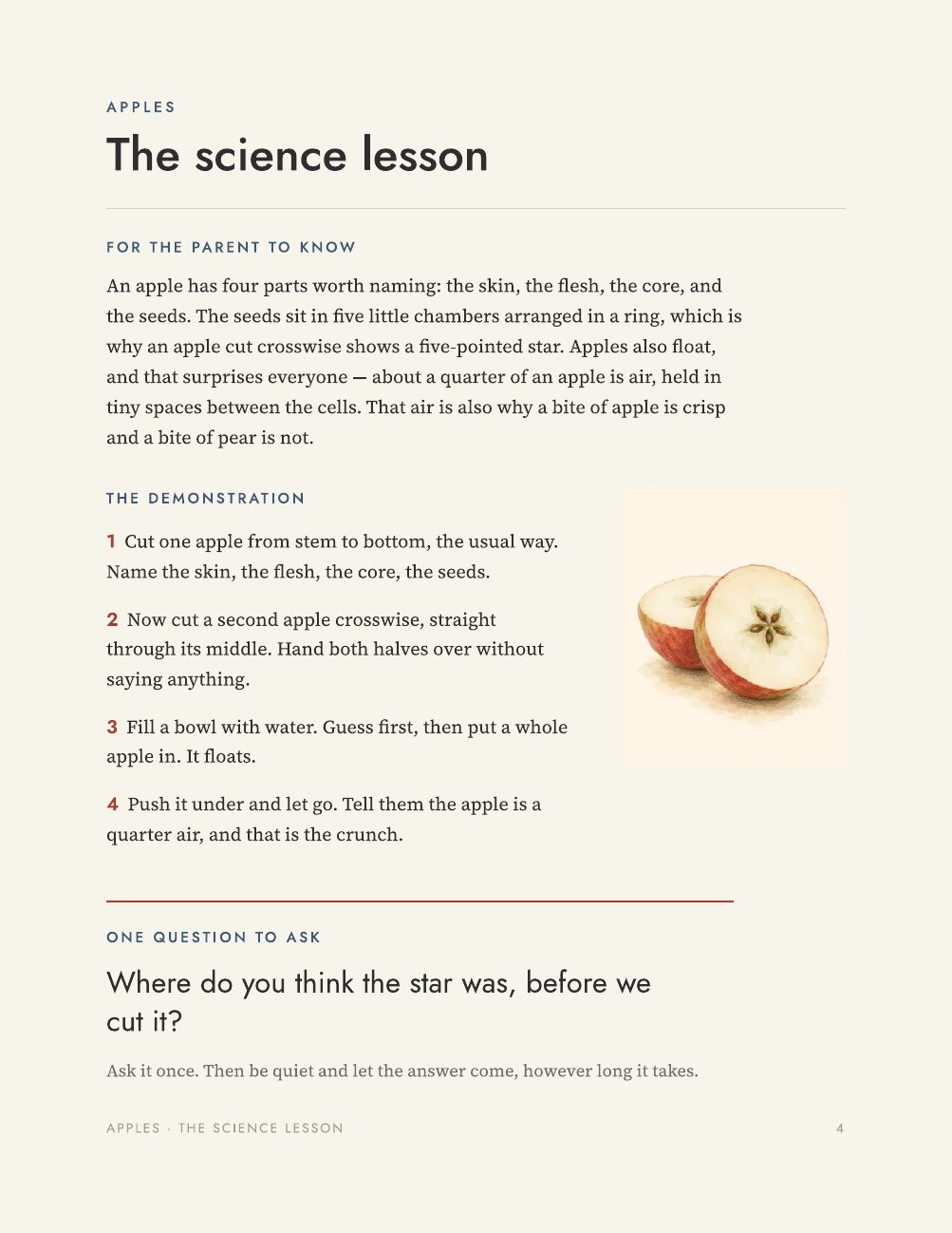 The science lesson page — an apple cut crosswise to show the star.