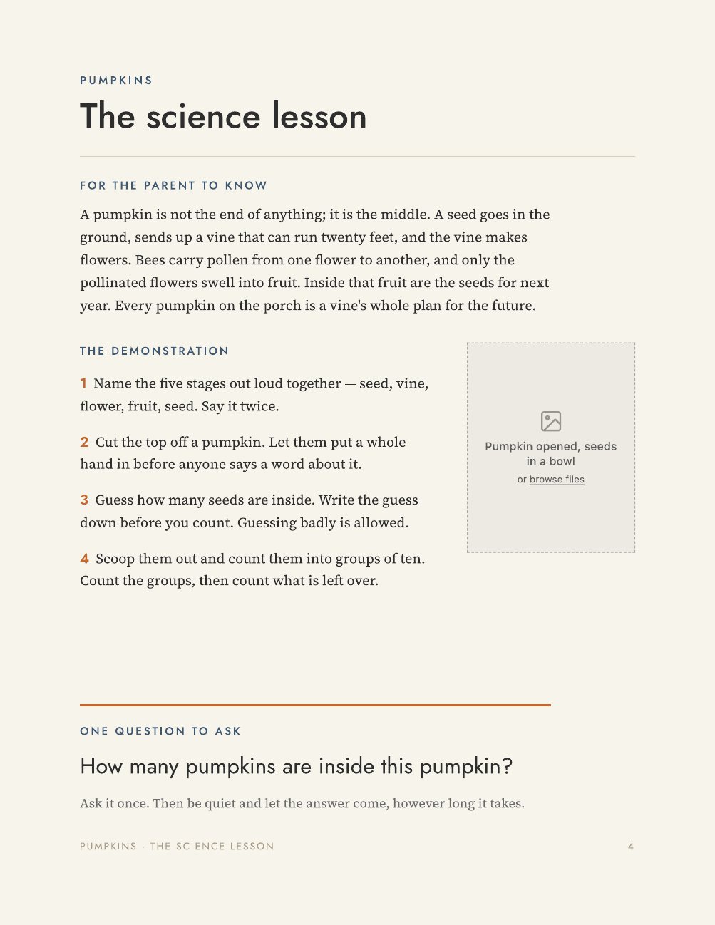 The science lesson page from the Pumpkins unit.